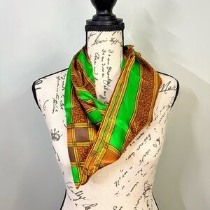 Vintage 100% Silk Scarf Green Brown Striped Retro Square Japan